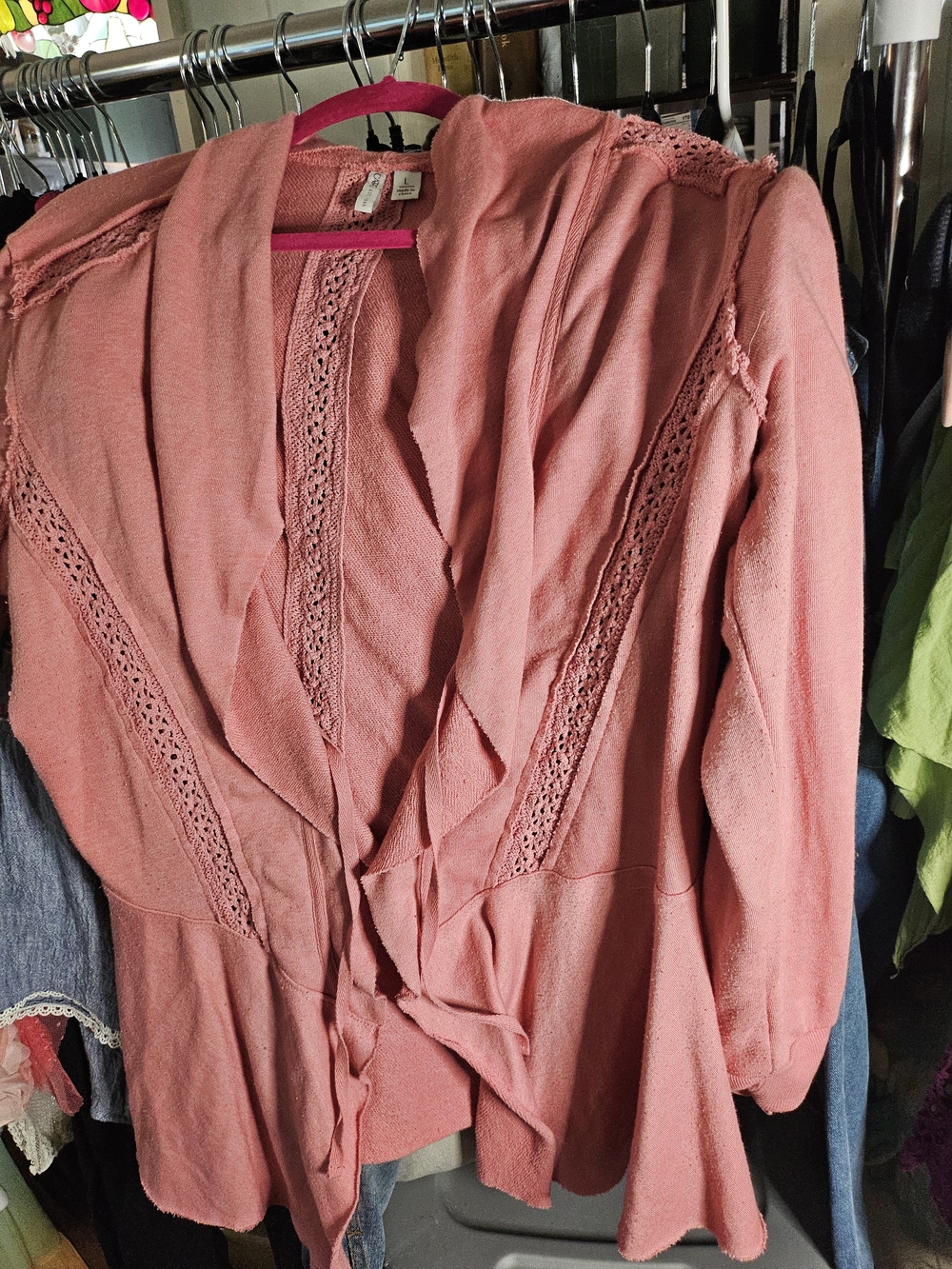 Cato Pink Crochet-Trim Open Front Cardigan Sweater